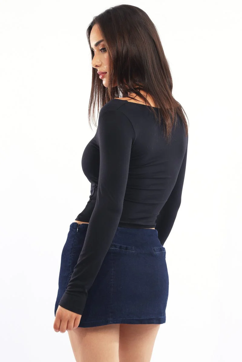 Black Supersoft Top Square Neck Long Sleeve