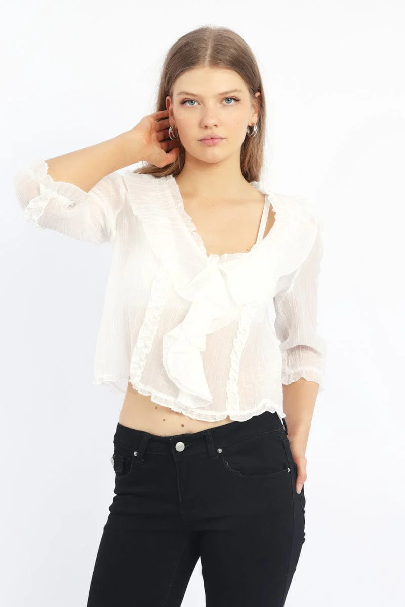 White Ruffled Top Mid Sleeve V-neck Poet's Blouse