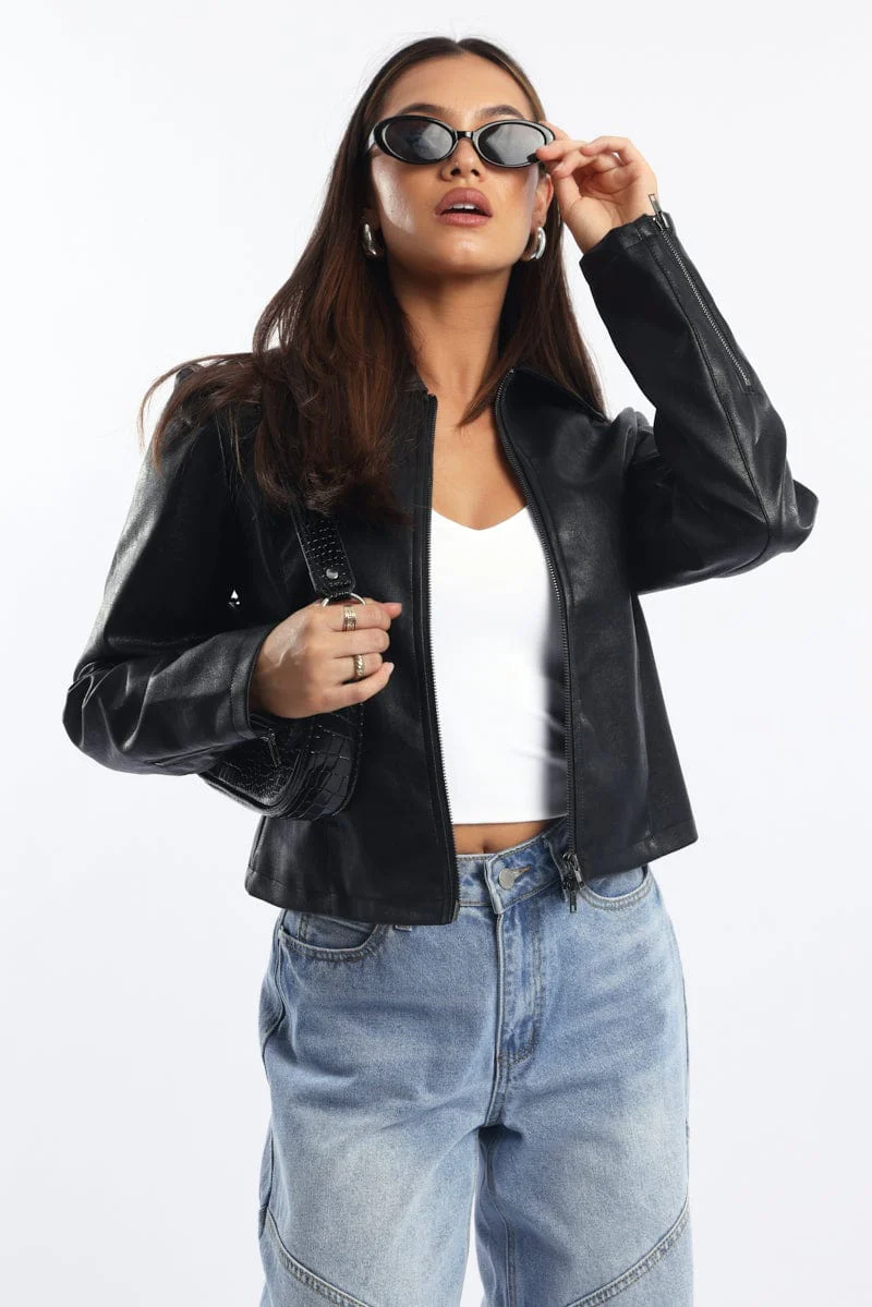 Black Faux Leather Jacket Long Sleeve