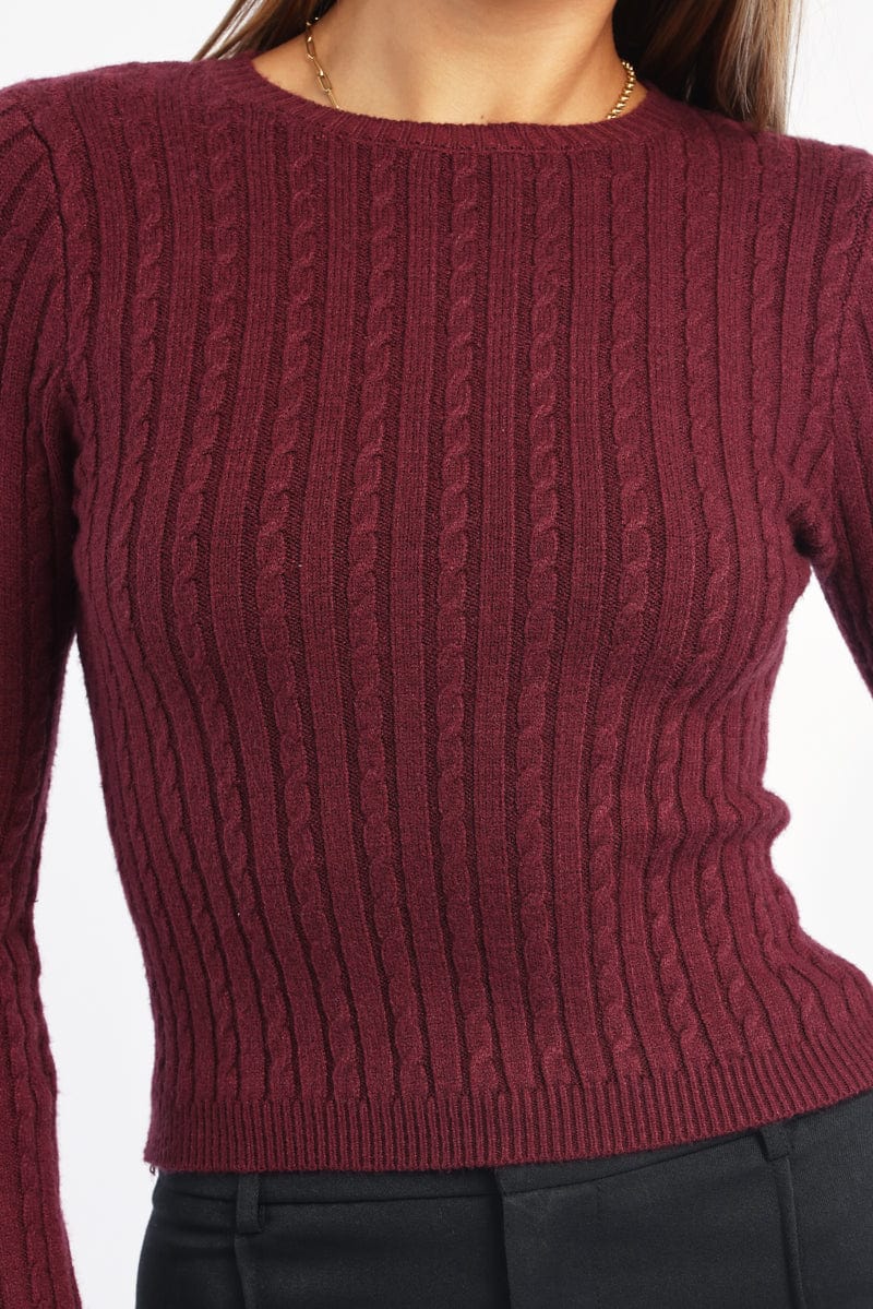 Red Cable Knit Top Long Sleeve