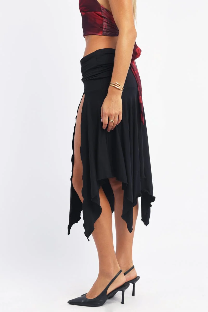 Black Scarf Hem Skirt High Rise Midi Asymm Supersoft