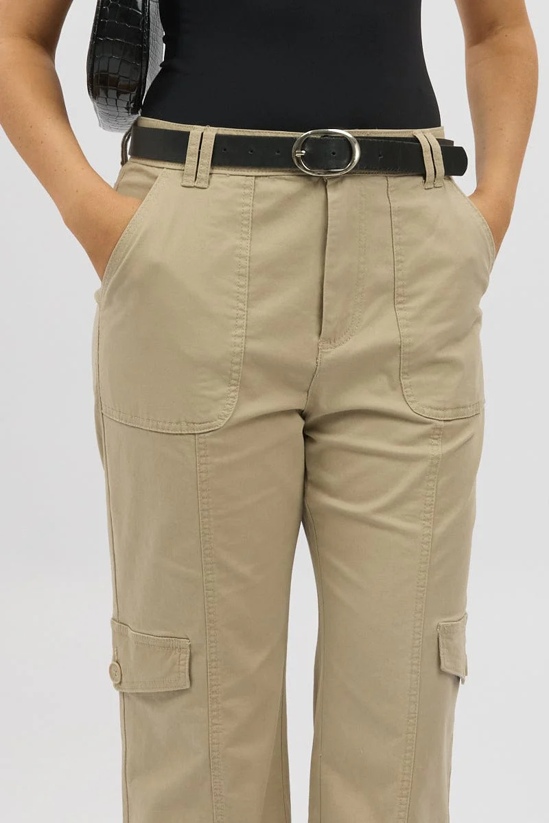 Beige Cargo Pants Mid Rise
