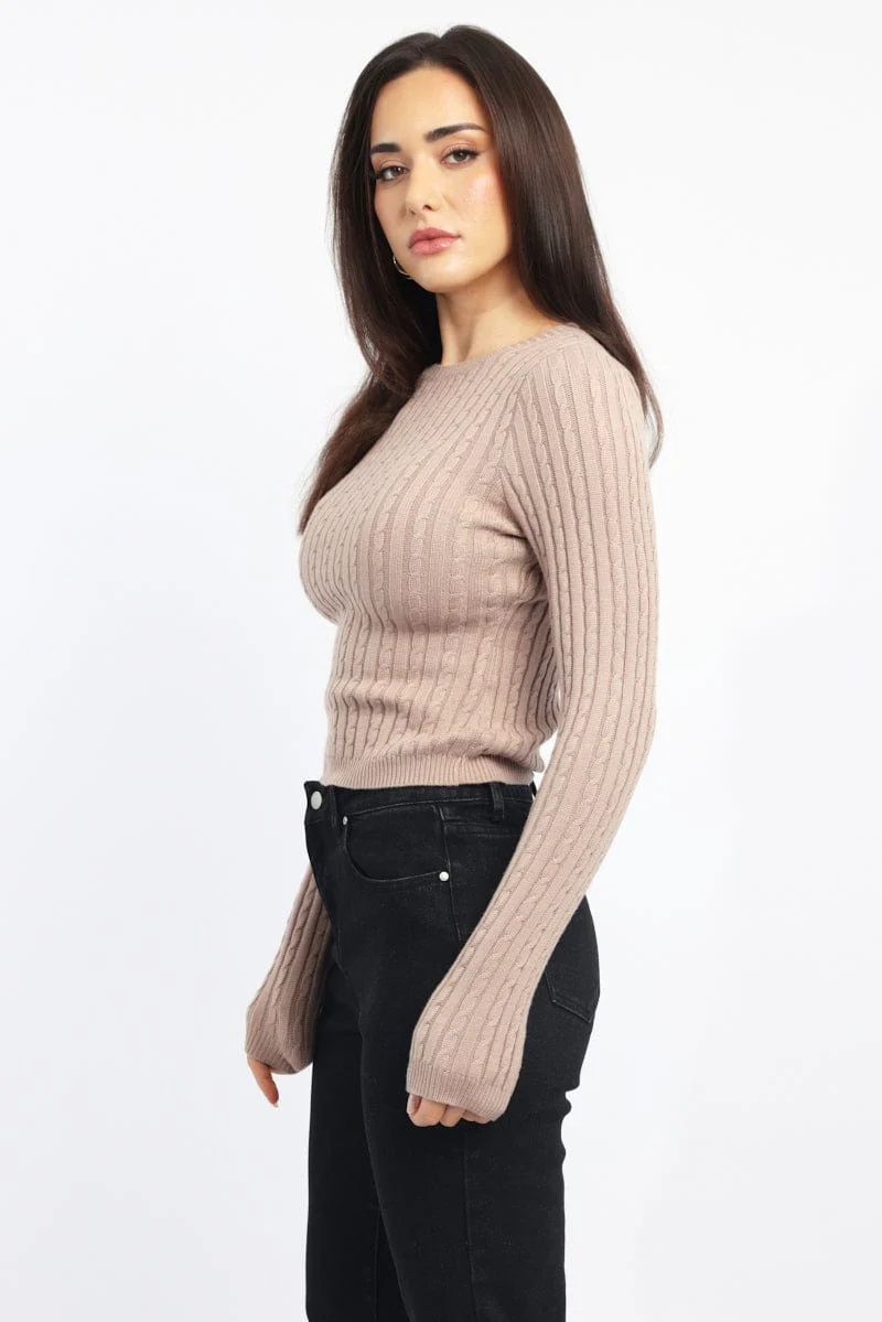 Beige Cable Knit Top Long Sleeve