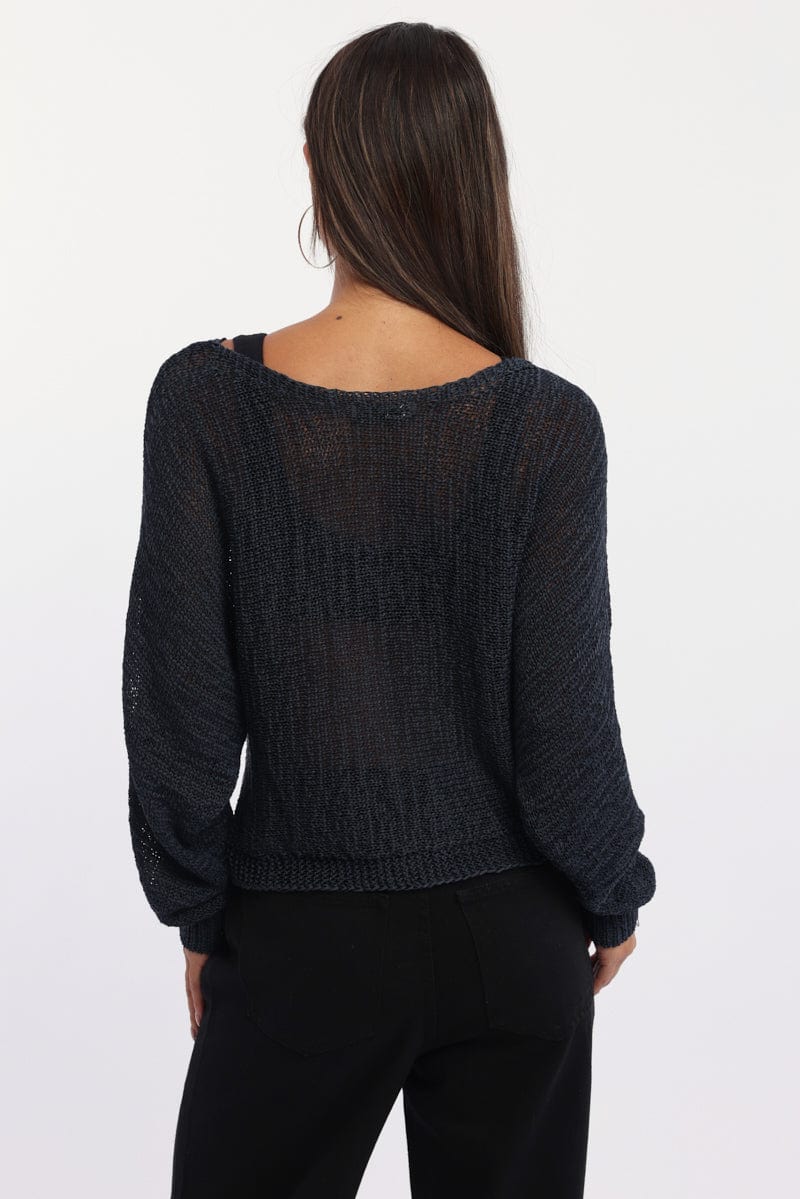 Blue Knit Top Asymmetric Neckline