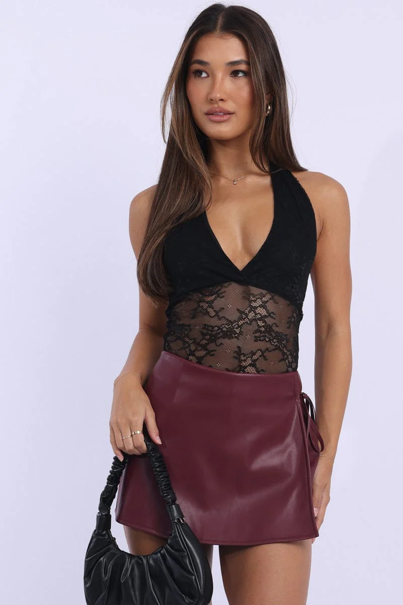 Red Mini Faux Leather Skort