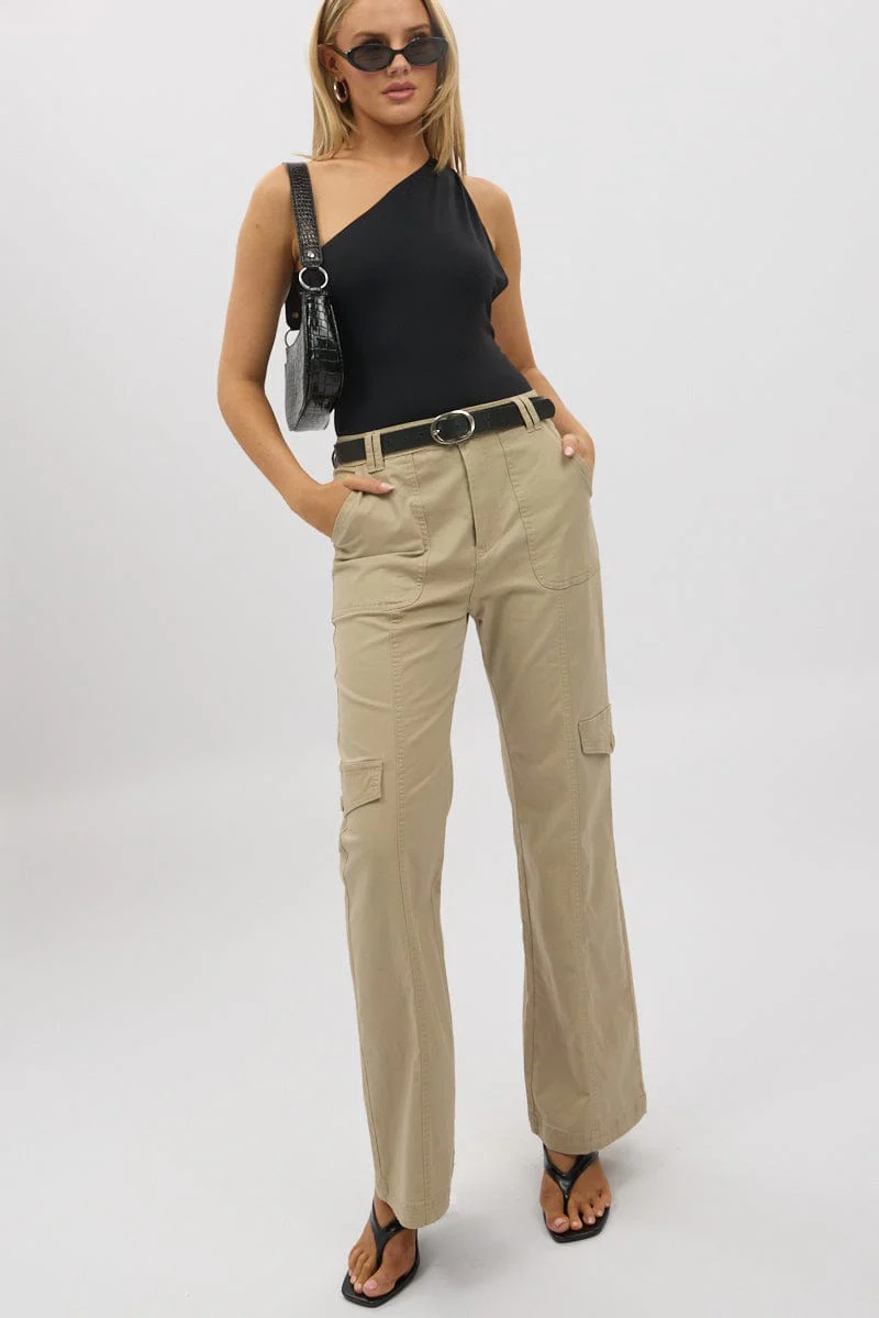 Beige Cargo Pants Mid Rise