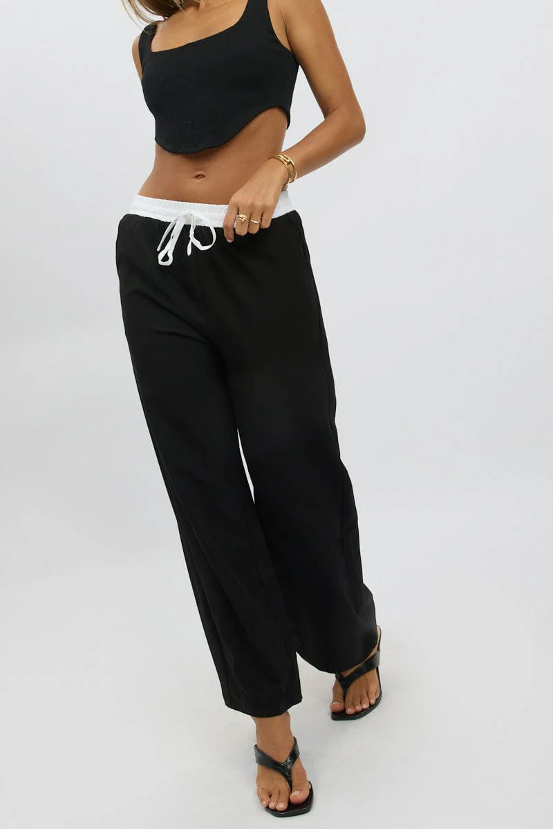 Black Wide Leg Pants Elasticated Contrast Waist