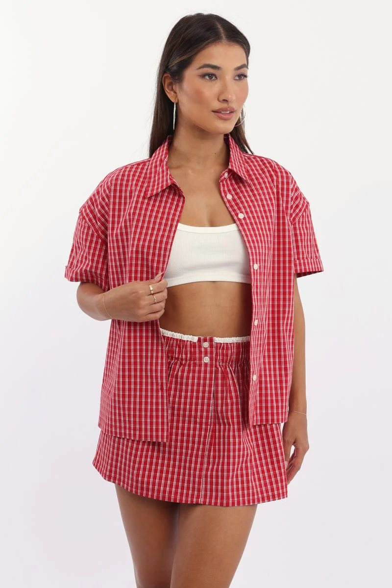 Red Check Short Sleeve Shirt Button Up