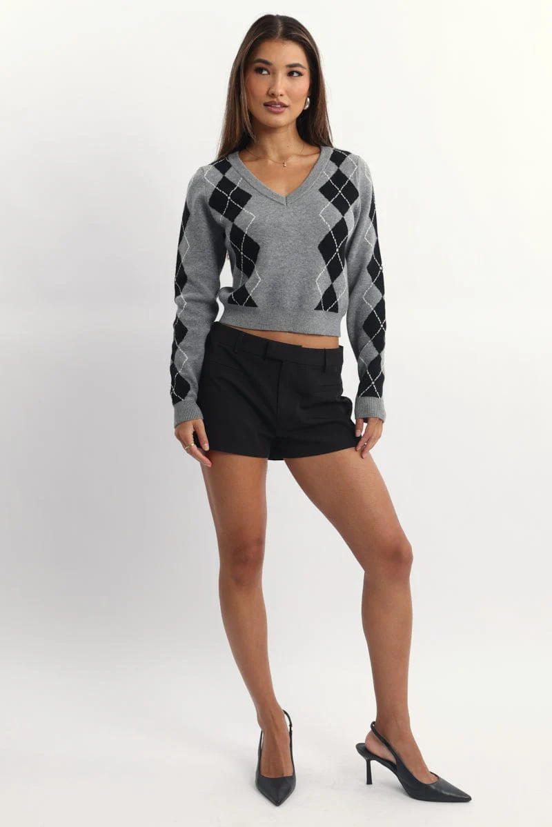 Grey Check Knit Top Long Sleeve V-Neck Argyle