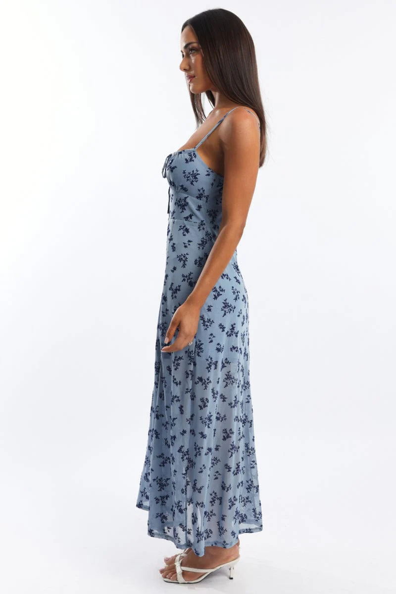 Blue Ditsy Midi Dress Gathered Bust Burn Out