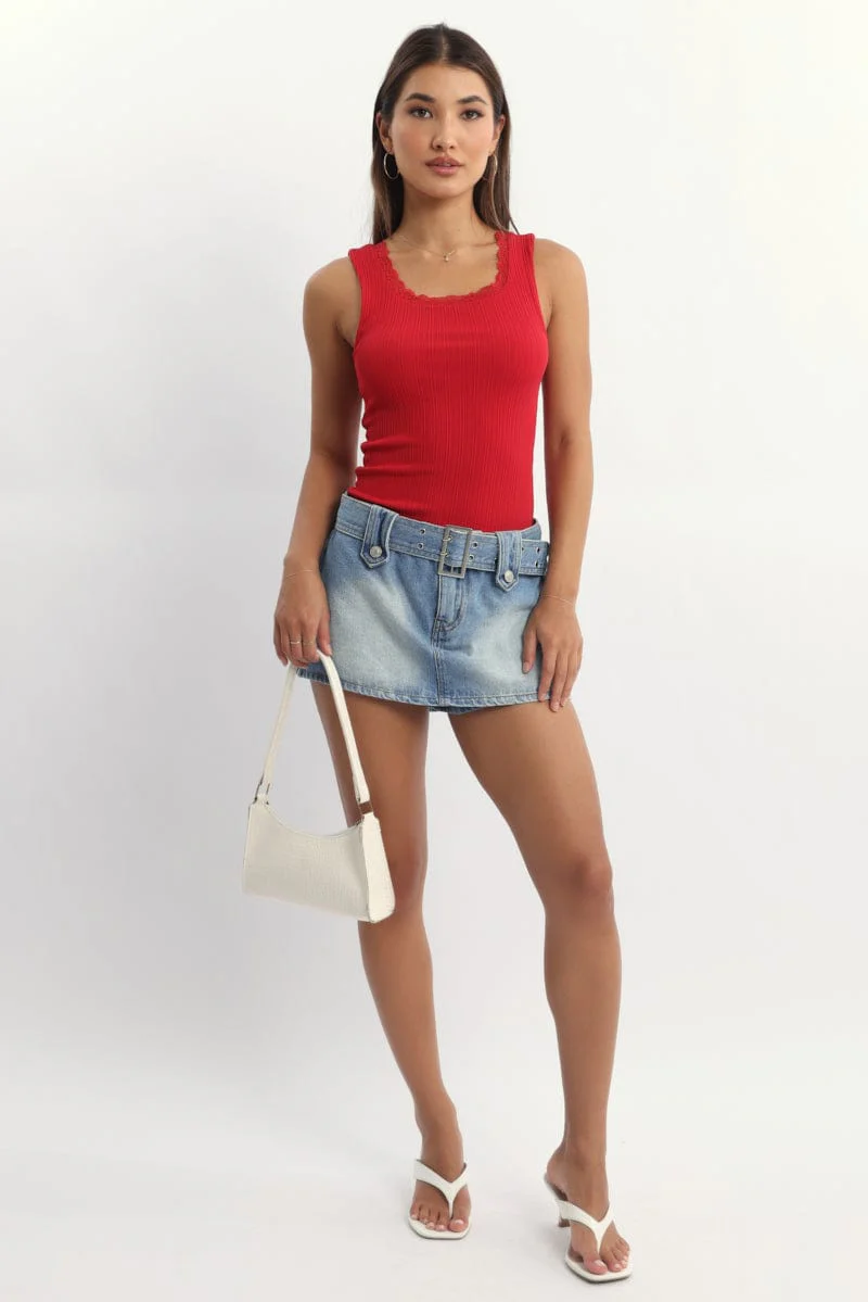 Red Tank Top Sleeveless Lace Trim