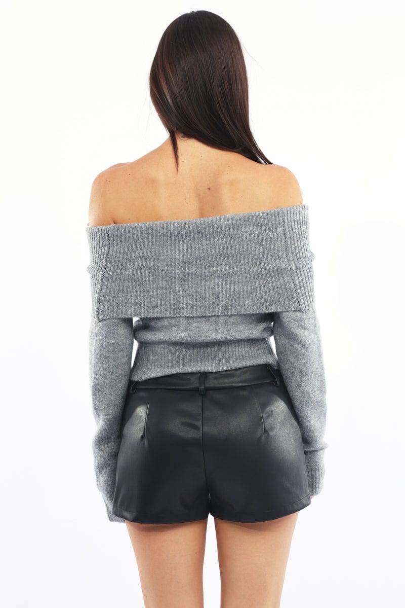 Grey Bardot Knit Long Sleeve Off Shoulder