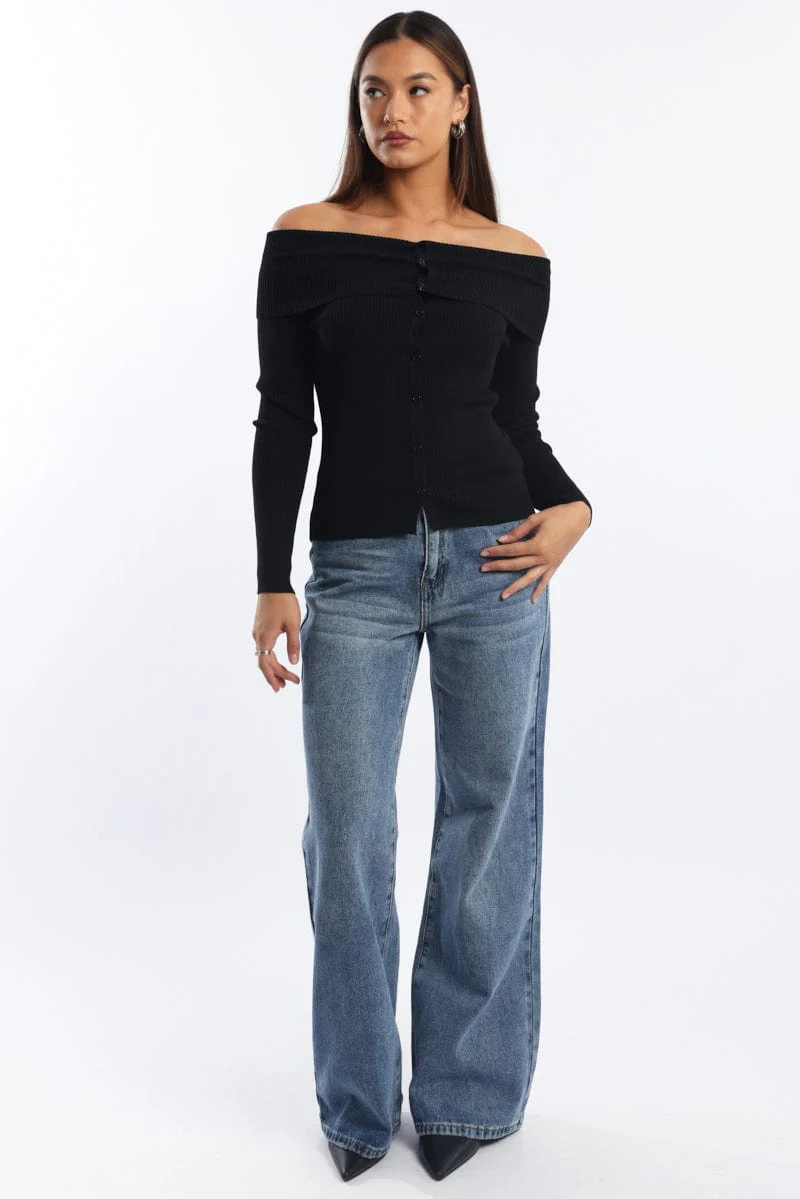 Black Knit Cardigan Long Sleeve Bardot