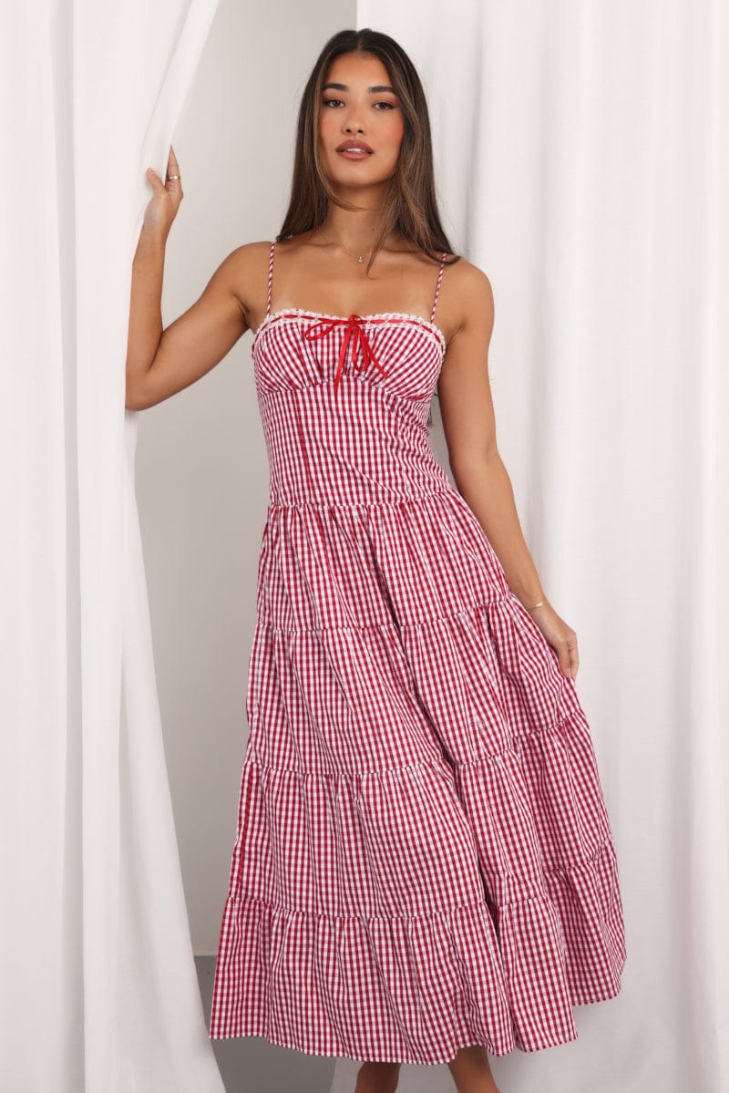 Red Check Maxi Dress Satin Tape Detail