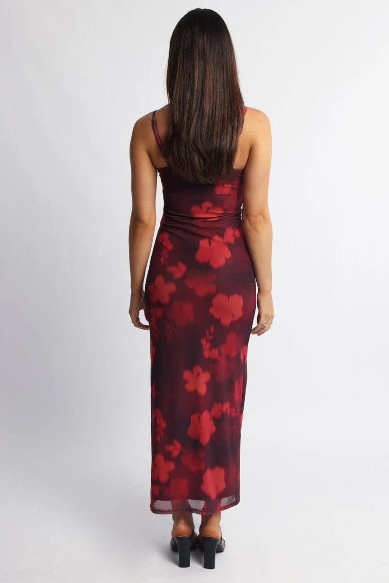 Red Floral Bodycon Dress Maxi Mesh