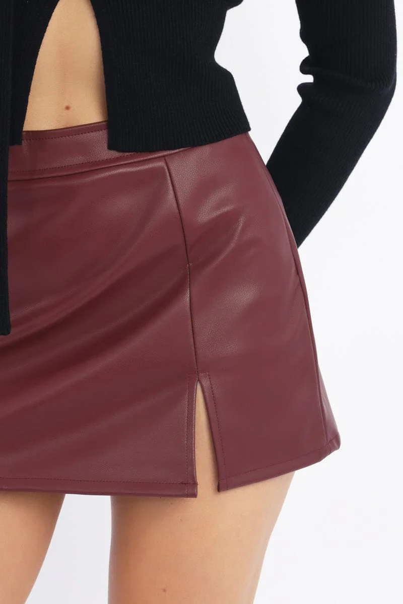 Red PU Skort Skirt Mid Rise Mini Slight Stretch