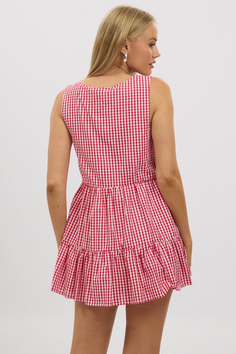 Red Check Mini Dress Ribbon Detail