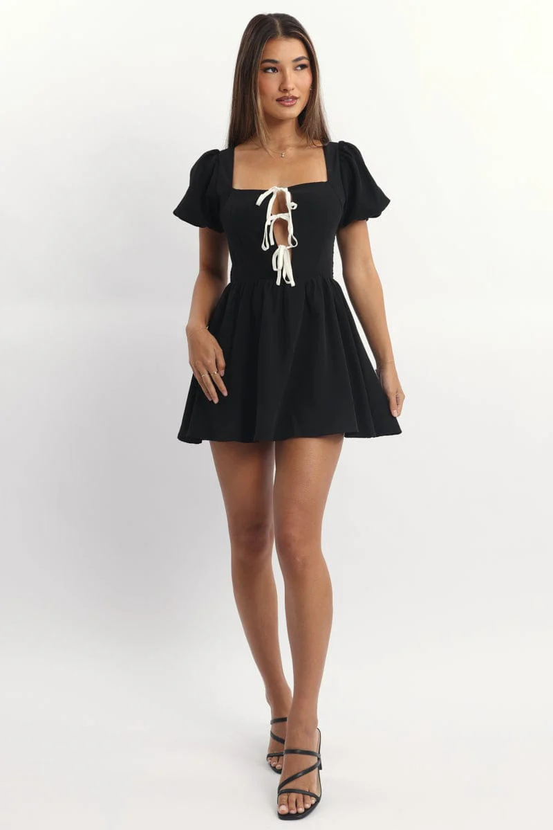 Black Ruffle Playsuit Short Sleeve Front Tie