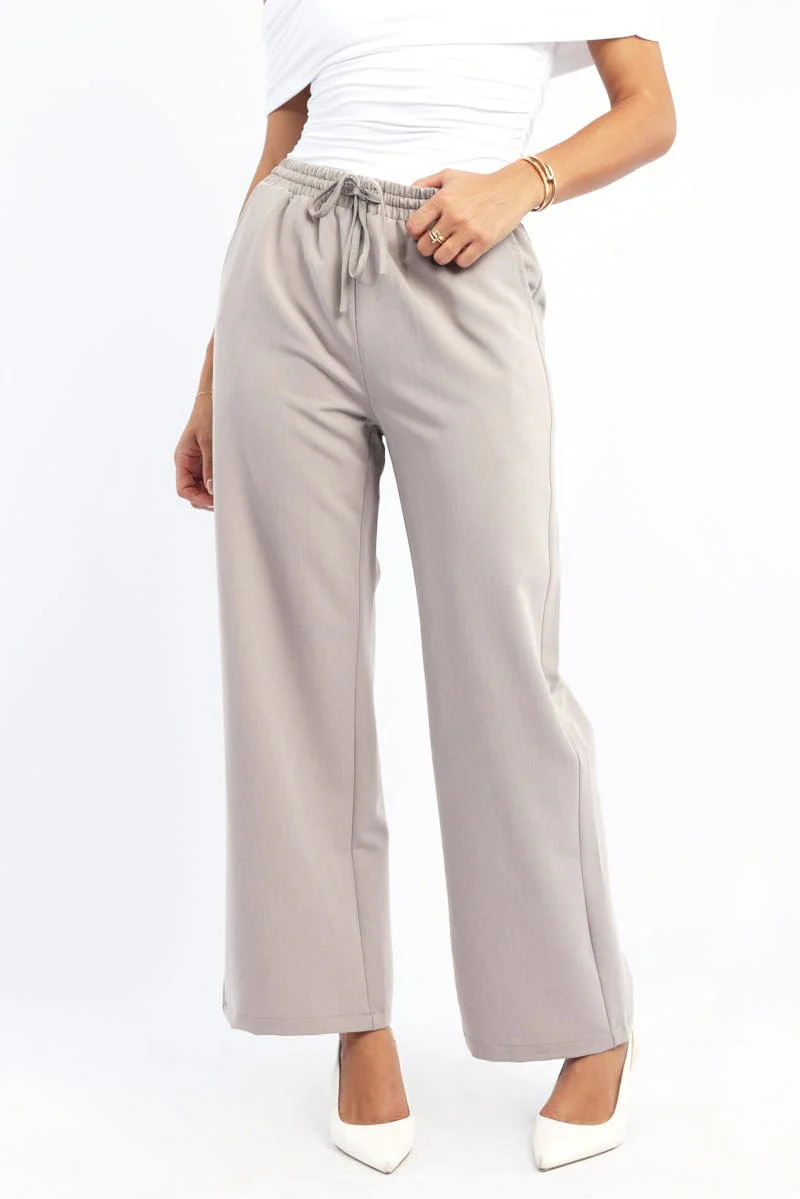 Beige Wide Leg Pants Elasticated Waist