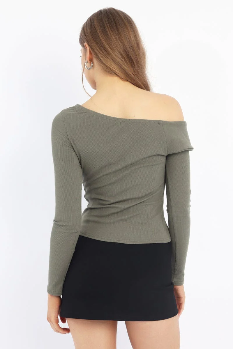 Green One Shoulder Top Long Sleeve
