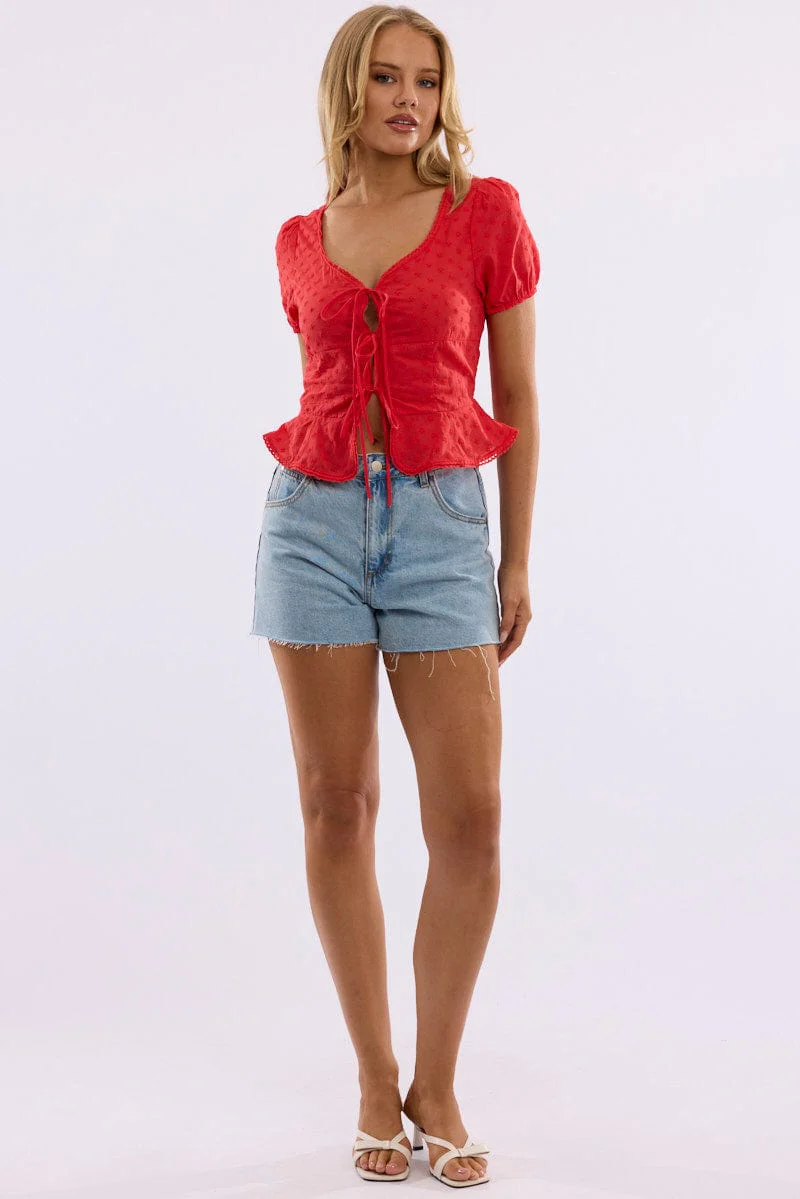 Red Tie Up Top Short Sleeve Eyelet