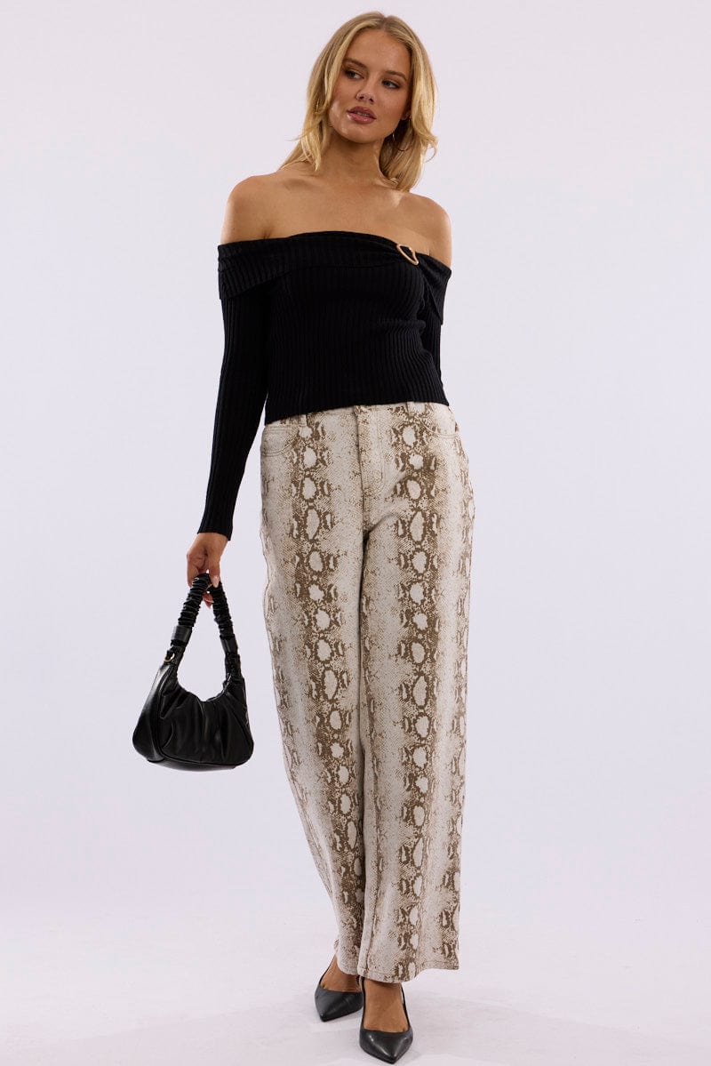 Multi Animal Print Wide Leg Jeans Mid Rise