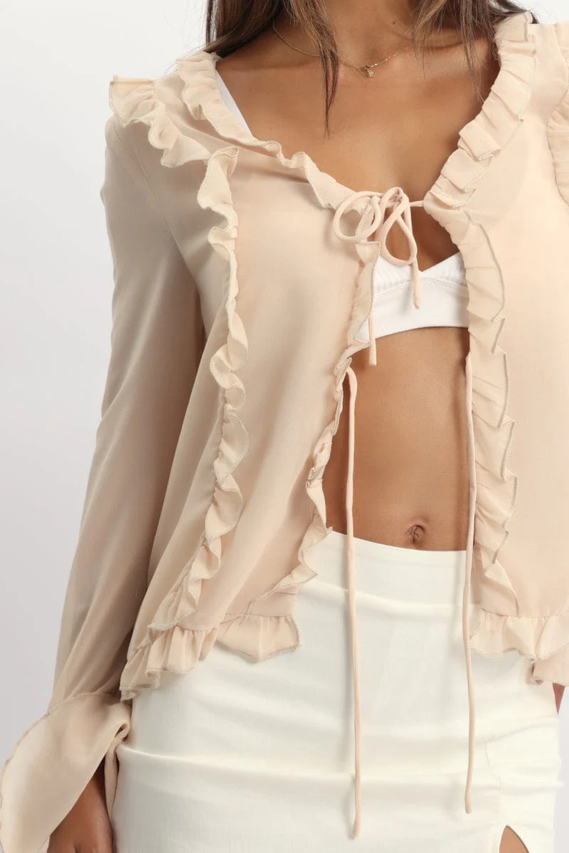 Beige Tie Up Top Long Sleeve V Neck Filled