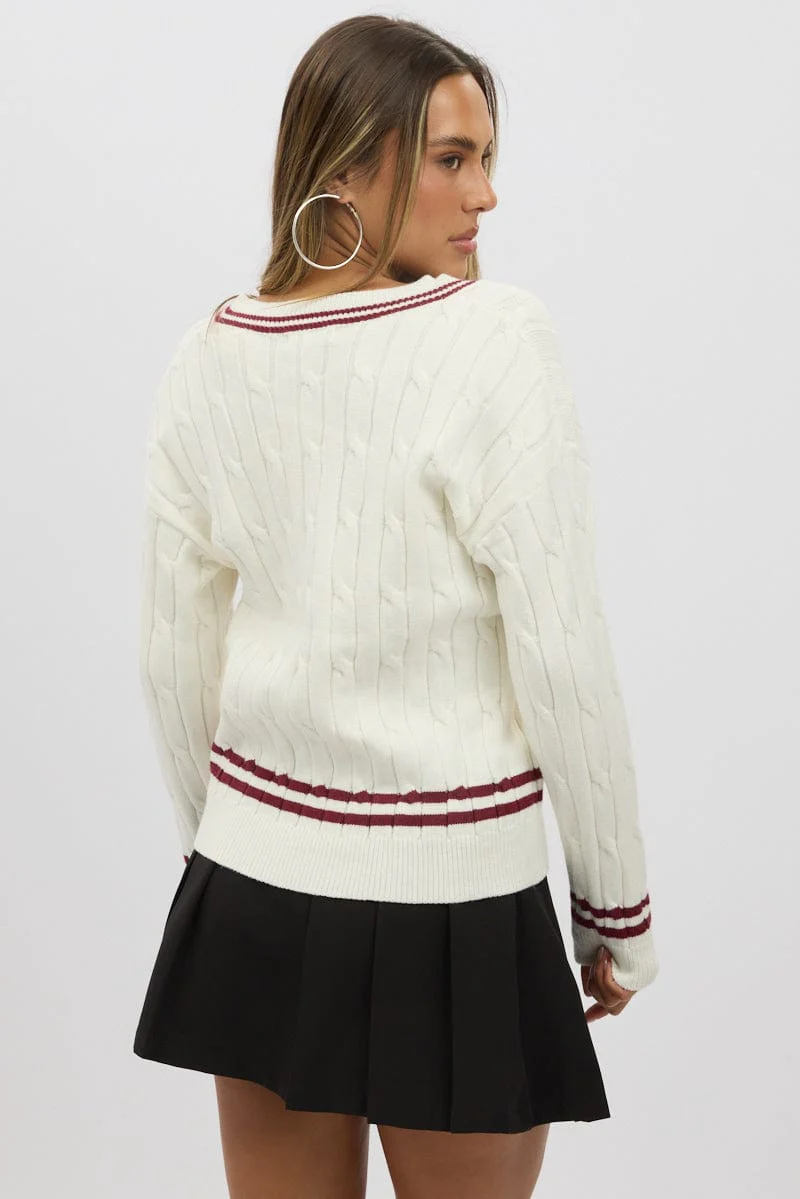 White Cable Knit Top Long Sleeve V-Neck