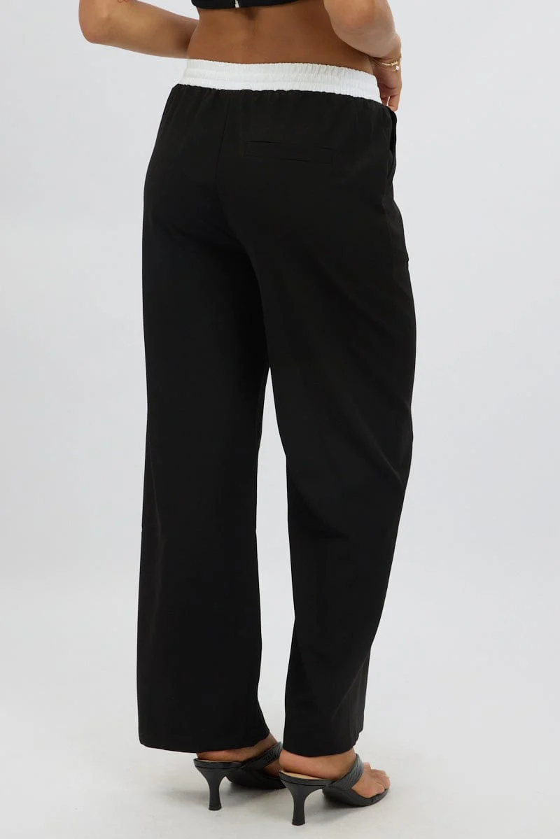 Black Wide Leg Pants Elasticated Contrast Waist