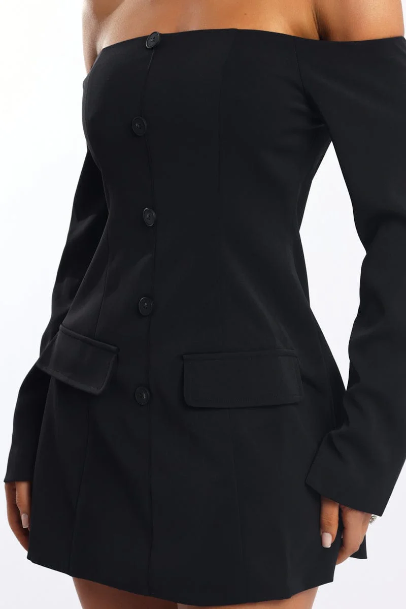 Black Off Shoulder Mini Dress Long Sleeve