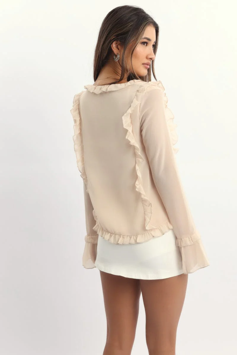 Beige Tie Up Top Long Sleeve V Neck Filled