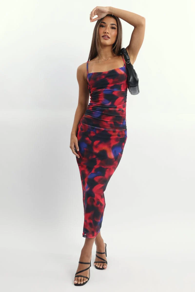 Multi Floral Bodycon Dress Mesh Maxi