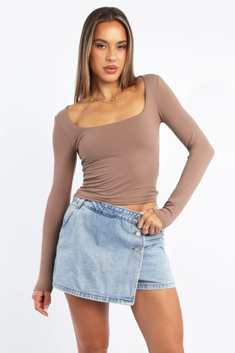 Brown Supersoft Top Square Neck Long Sleeve