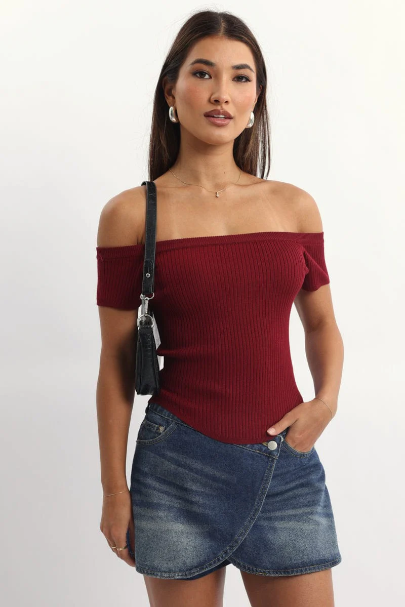 Red Bardot Knit Top Short Sleeve