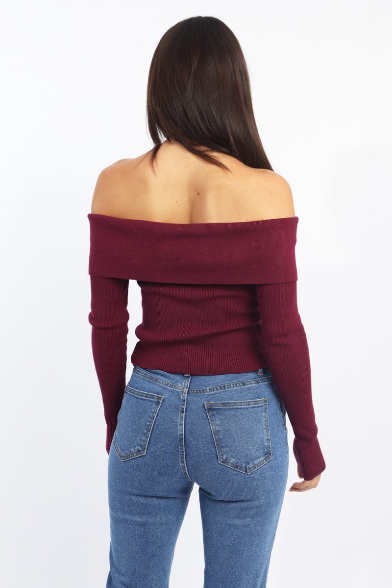 Red Cardigan Off Shoulder Zip Up