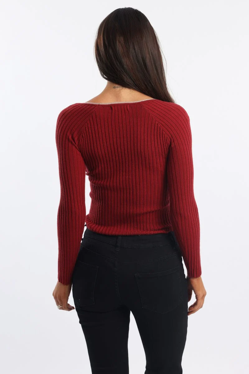 Red Knit Top Long Sleeve Wrap Front Contrast Ribbon