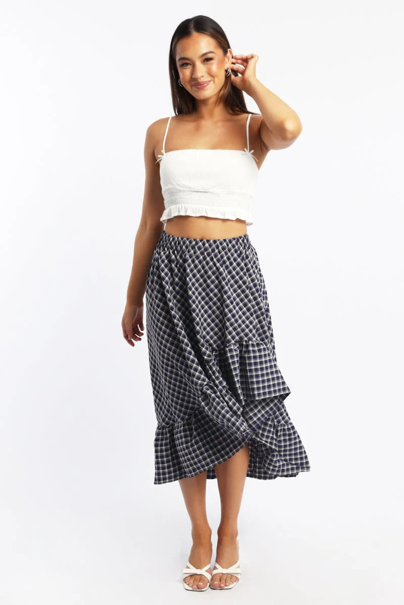 Blue Check Asymmetric Midi Skirt High Rise Elastic Waist