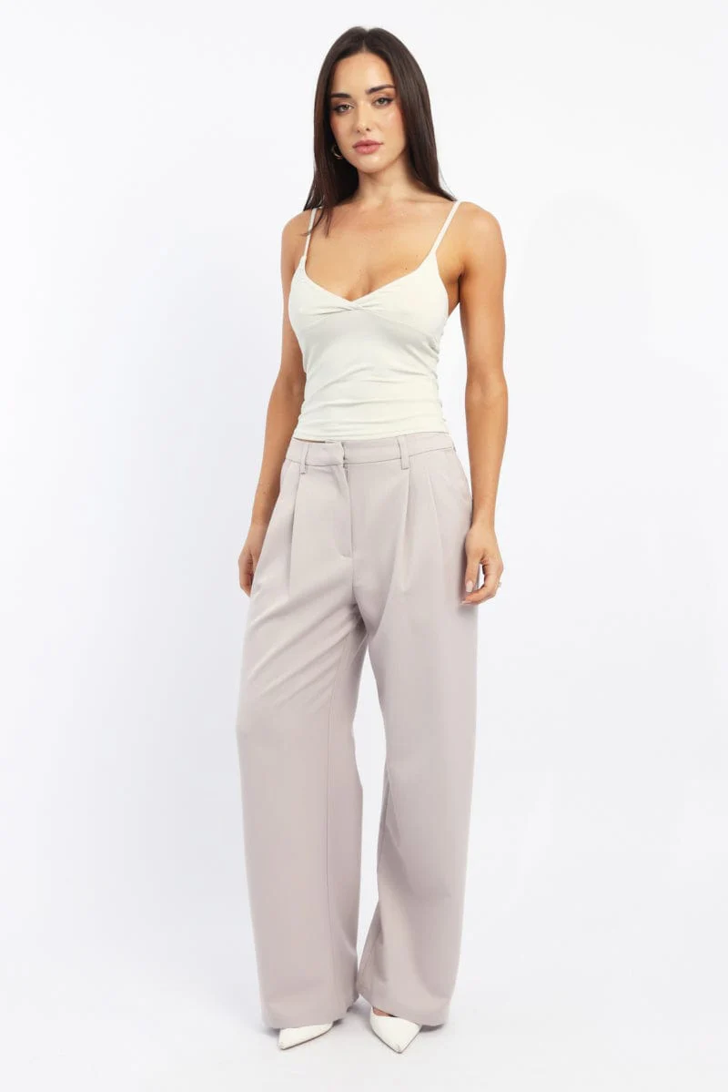 Beige Wide Leg Pants High Rise