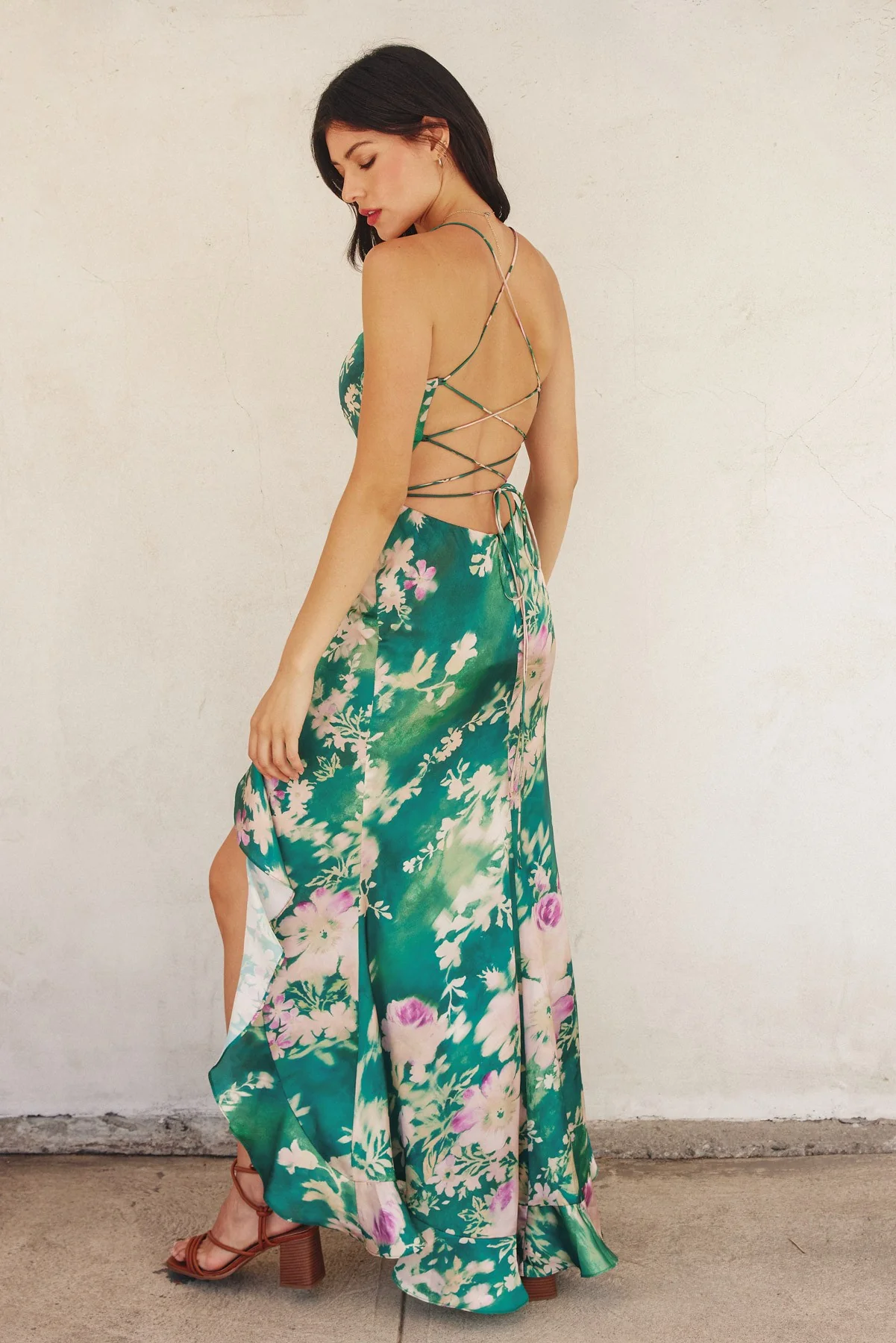Evergreen Open back Ruffled Maxi Dress