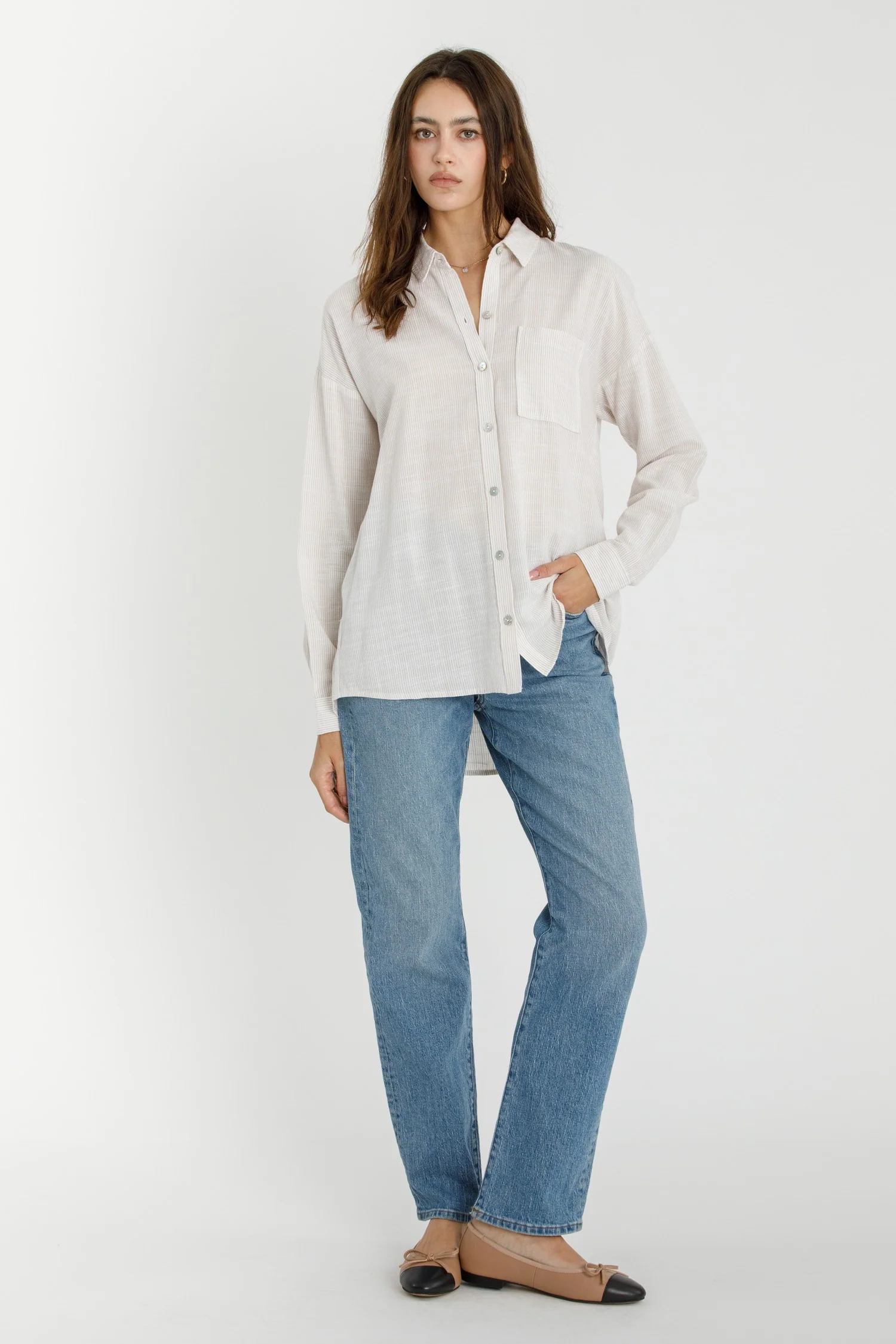 Shoreline Thin Stripe Button Down Top in Taupe