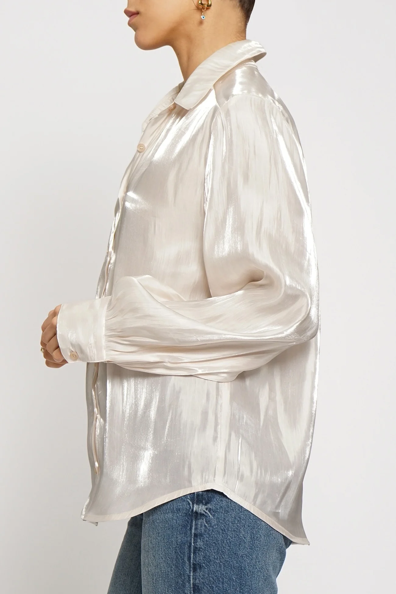 Shimmer Tonight Iridescent Button Down In Champagne FINAL SALE