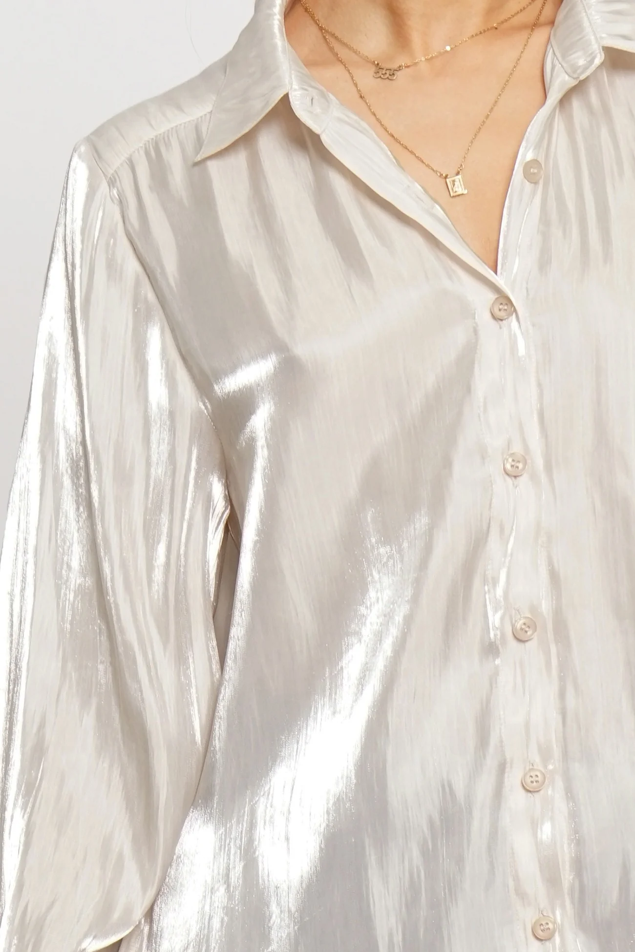 Shimmer Tonight Iridescent Button Down In Champagne FINAL SALE