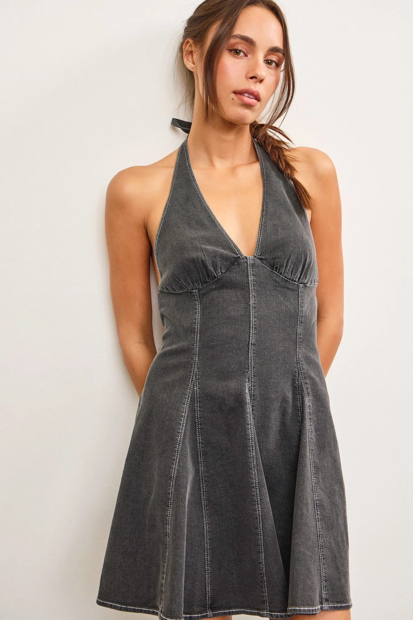 Fit and Flare Mini Denim Dress In Washed Black