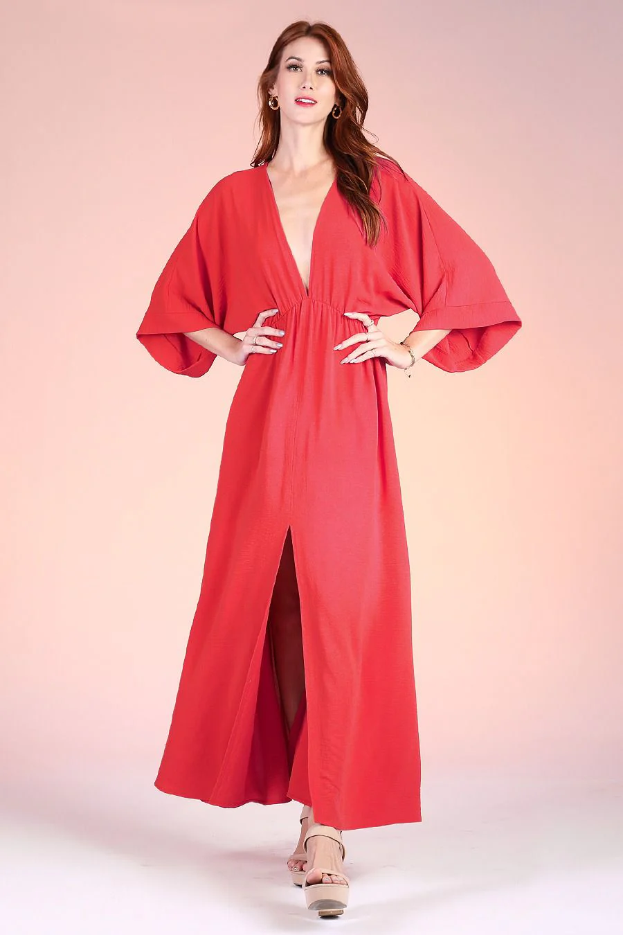 Malibu Deep V Maxi Dress in Red