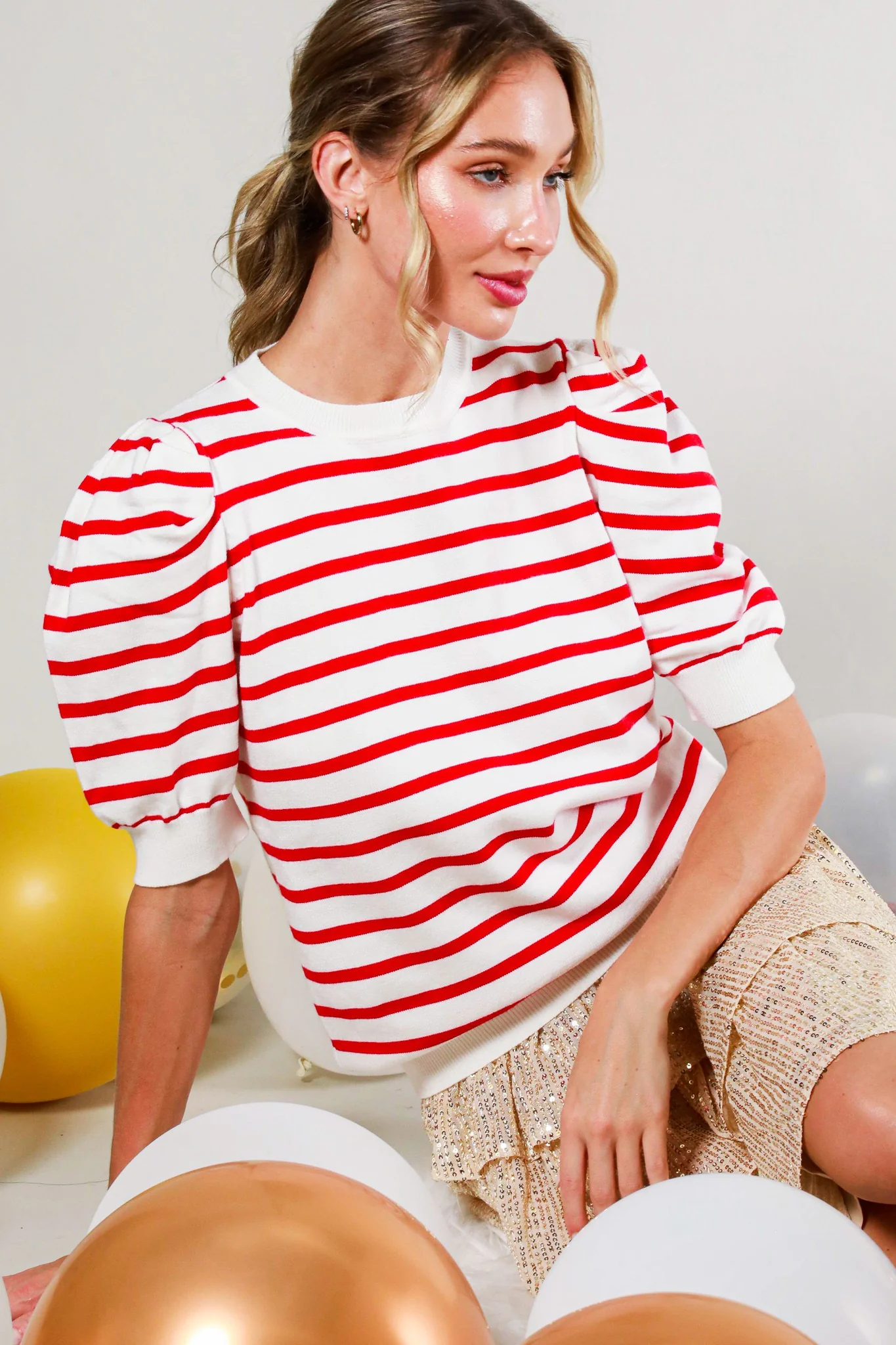 Sailor Striped Puff Sleeve Sweater in Red FINAL SALE