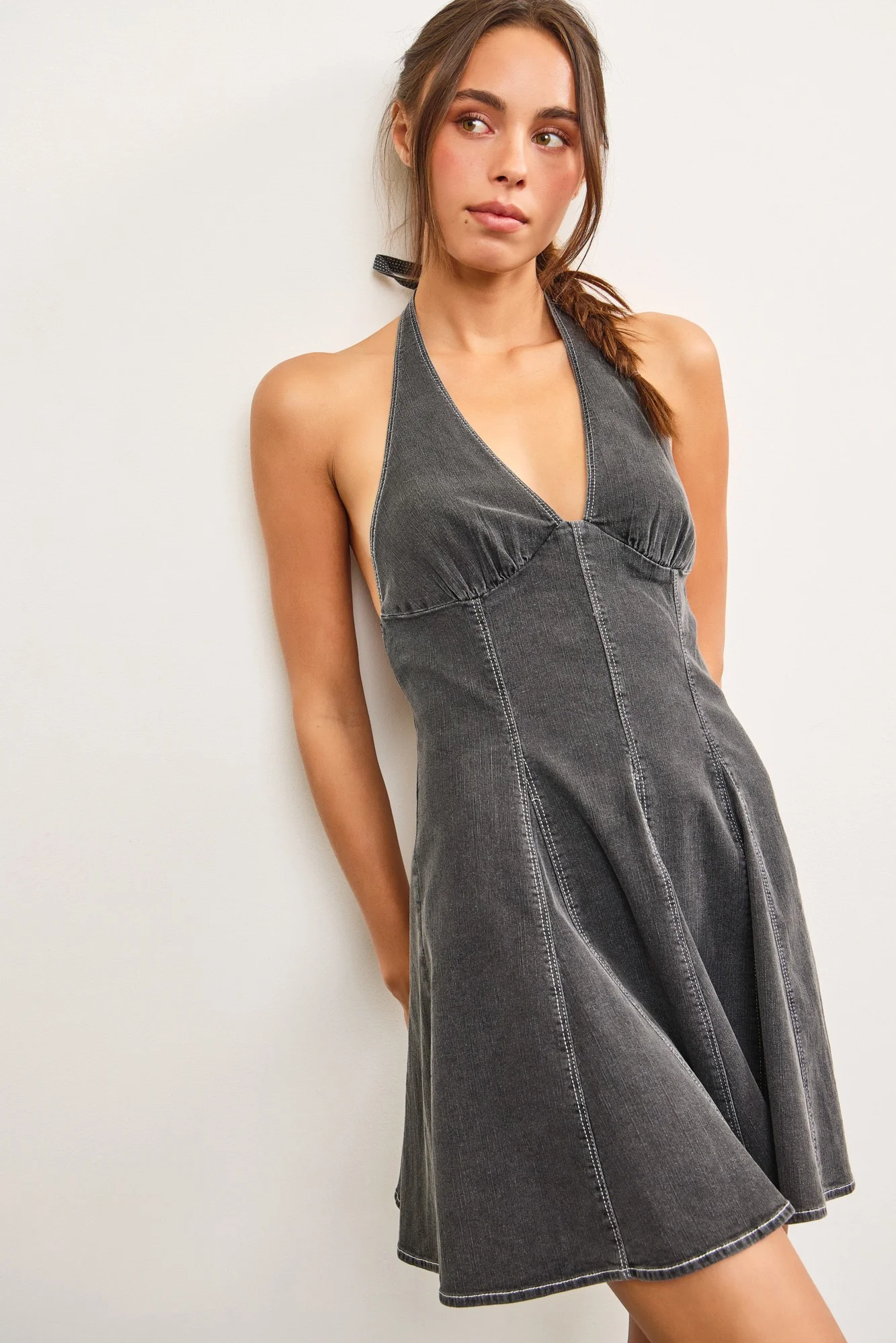 Fit and Flare Mini Denim Dress In Washed Black
