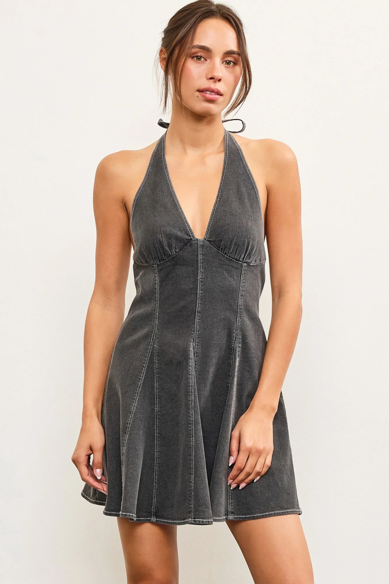 Fit and Flare Mini Denim Dress In Washed Black