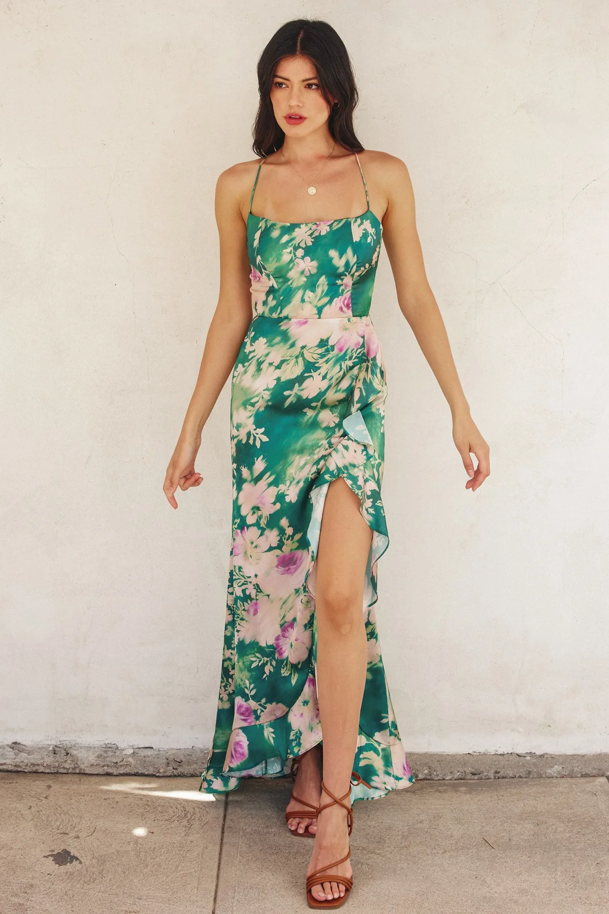 Evergreen Open back Ruffled Maxi Dress