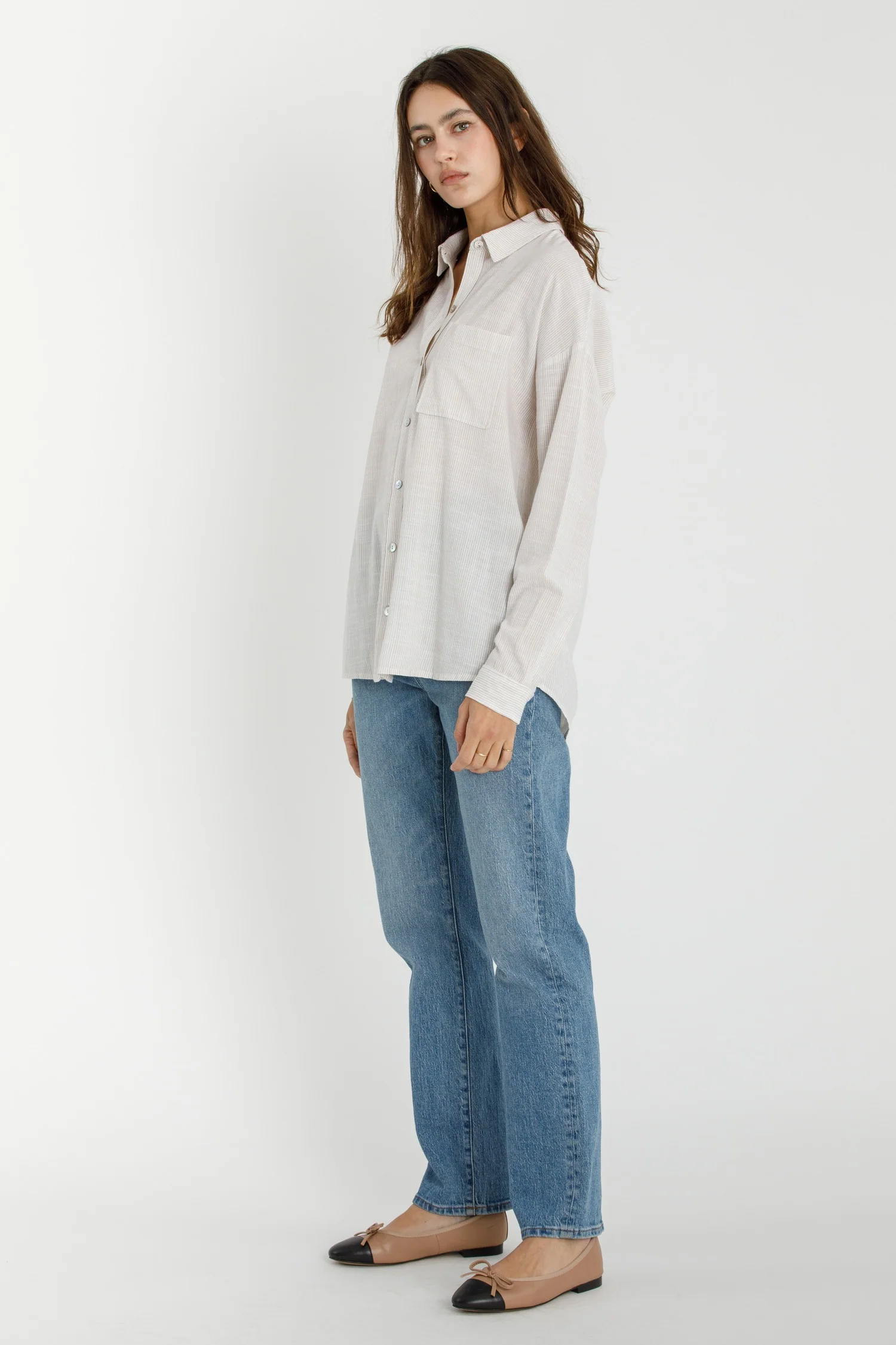 Shoreline Thin Stripe Button Down Top in Taupe