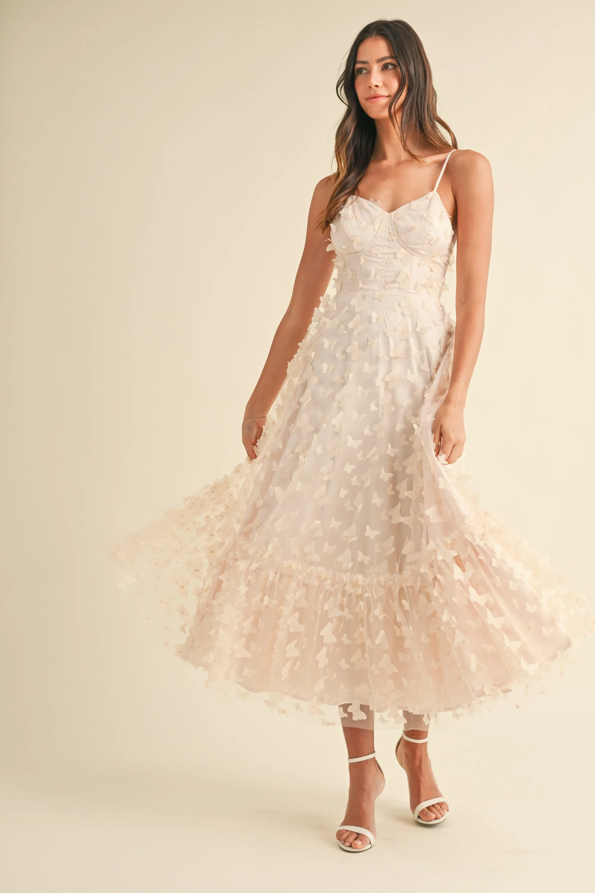Flight of the Butterfly Mesh Midi Dress in Cream